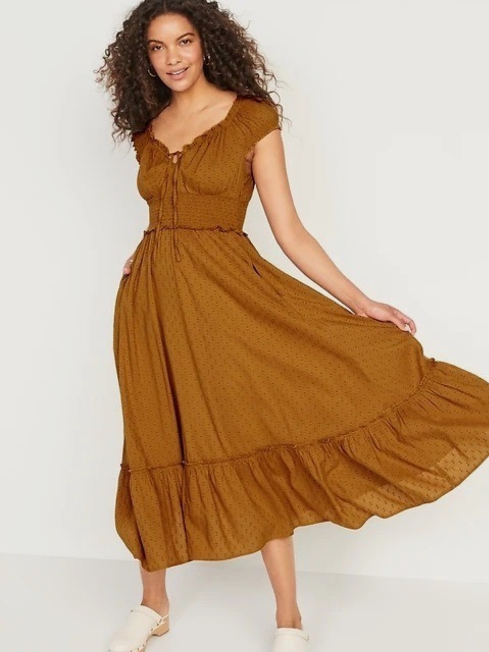 Old Navy Miners Gold Swiss Dot Babydoll Milkmaid Country Maxi Dress Size M